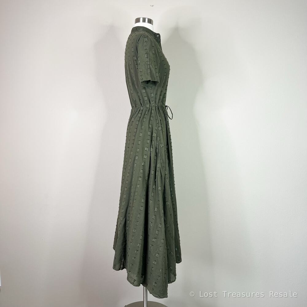 Never A Wallflower | Kelli Olive Green Textured Cotton Tassel Tie Maxi Dress XS - Picture 5 of 12
